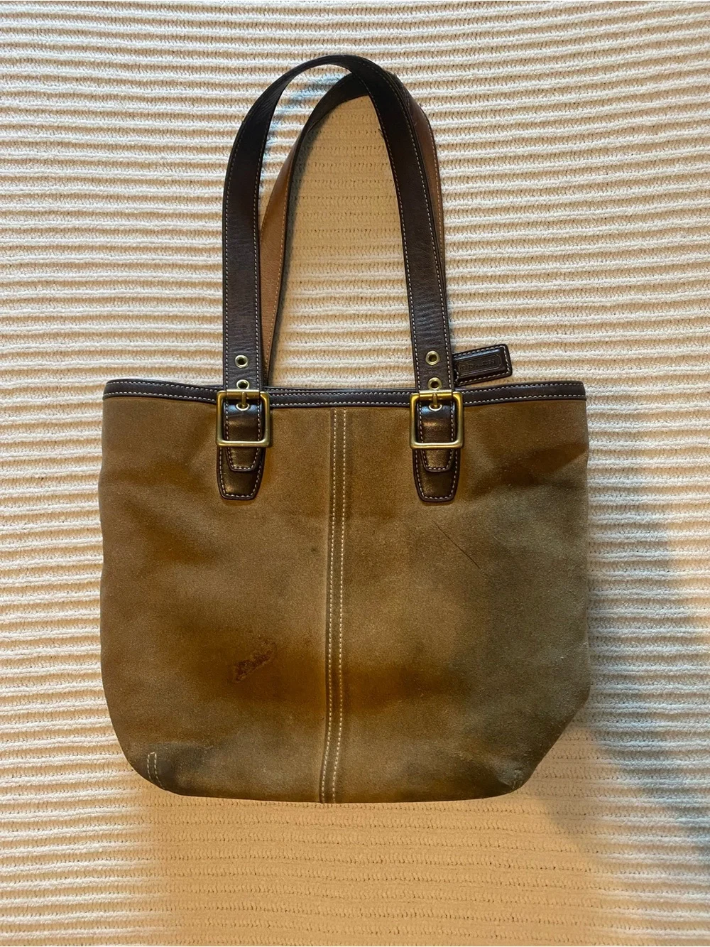 Coach Brown Suede Tote with Dark Brown Leather Straps and Brass Hardware